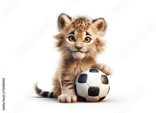 Fluffy lynx cub sitting with a soccer ball on a white background. Cartoon little character for children's competition. © MargaritaSh