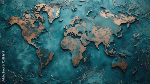 A raised, textured map of the world presented on a teal canvas