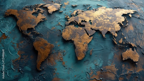 World map with a rustic gold texture on a deep blue background