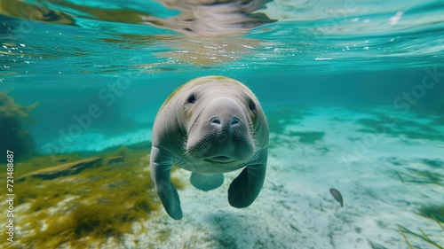 Close-up of a friendly manatee swimming in crystal waters