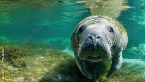A close-up of a manatee underwater, facing the camera