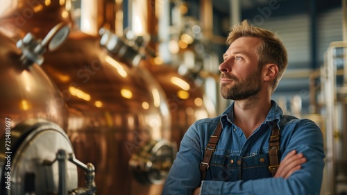A thoughtful brewer standing in a distillery photo