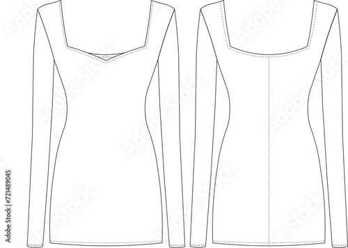 sweetheart square neck long sleeve, bodycon mini dress template technical drawing flat sketch cad mockup fashion woman design style model