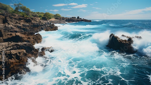 A mesmerizing shot of the cobalt blue ocean, with waves crashing against jagged rocks