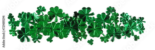 Border of St Patricks Day shiny shamrocks over a white background