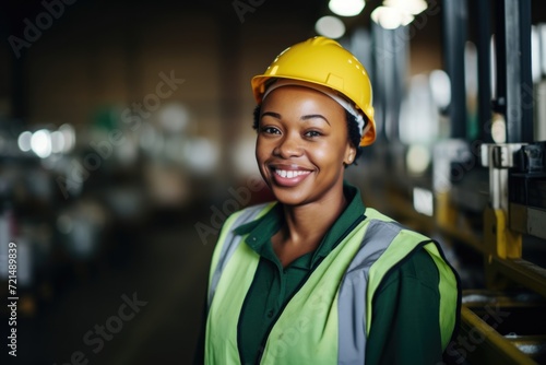 African American female engineer with hard hat smiling in industrial setting © Baba Images