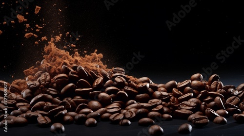 Preparing coffee close up, coffee beans and coffee powder on a dark