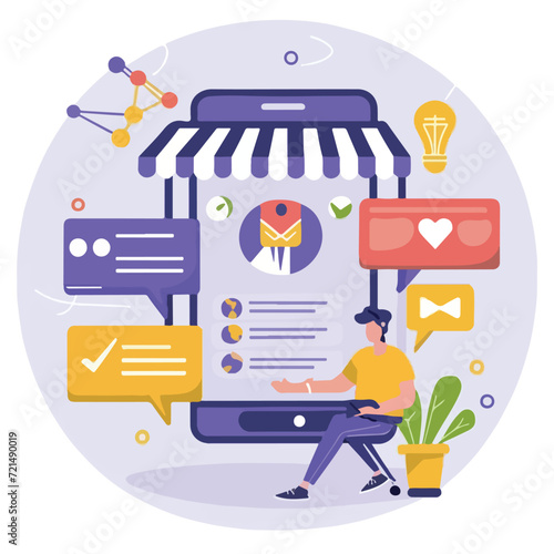 2d vector illustration colorful social media boost , influence blogger E-marketer via Internet pages marketing referral