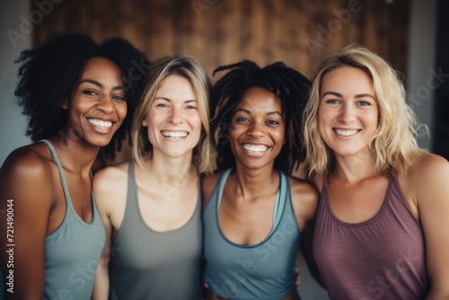 Portrait of smiling group of female yoga instructors © Baba Images