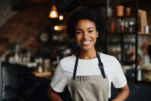 Portrait of a smiling woman standing in a cafe interior