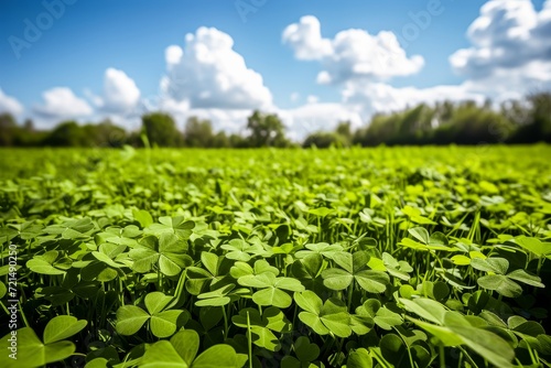 Bright and vibrant clover field under a sunny sky with fluffy clouds, capturing the essence of spring and natural beauty.