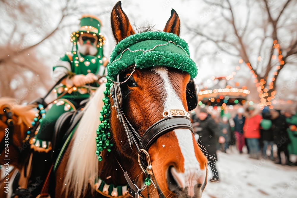 A horse adorned in festive green garb with a rider celebrating St. Patrick's Day at a lively street parade.
