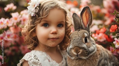 Child with Rabbit in Colorful Blooms. Curly-haired girl close to a rabbit in a colorful flower garden. © Oksana Smyshliaeva