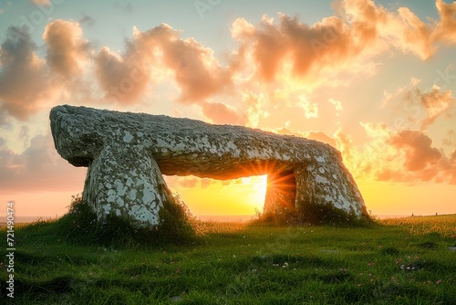 A tranquil sunset scene behind an ancient megalithic stone structure in a picturesque grassy countryside. photo