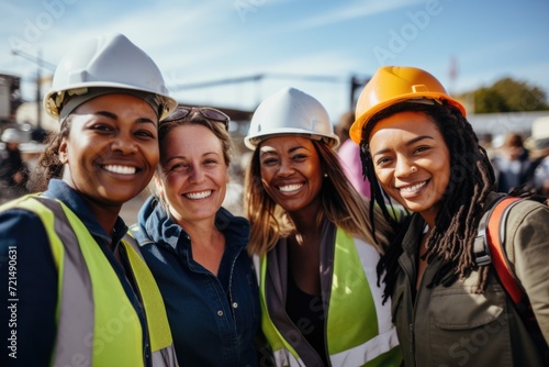 Group of diverse female construction workers smiling on site photo