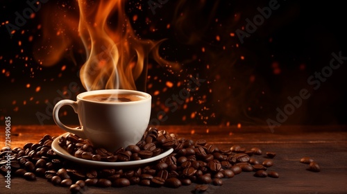 Preparing coffee close up, coffee beans and coffee cup on a dark wooden background