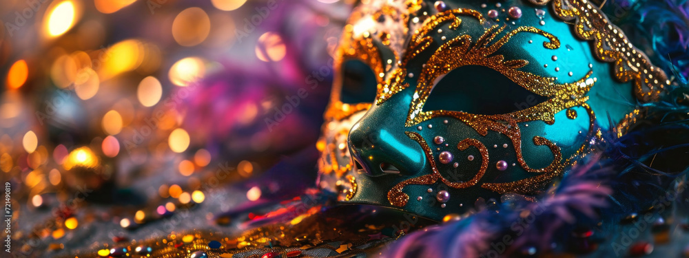 Mardi Gras Carnival Mask on Vivid Colorful Blurred Background, Banner