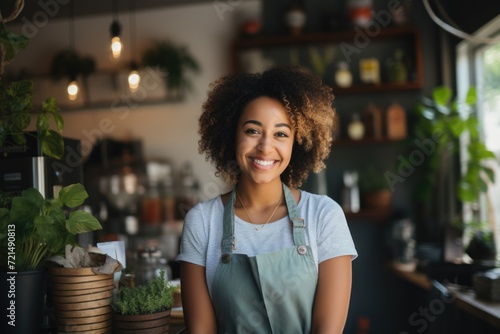 Portrait of a smiling woman standing in a cafe interior