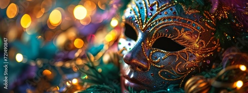 Mardi Gras Carnival Mask on Vivid Colorful Blurred Background, Banner © Schizarty