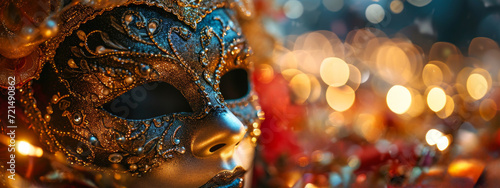Mardi Gras Carnival Mask on Vivid Colorful Blurred Background, Banner © Schizarty