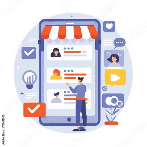 2d vector illustration colorful social media boost , influence blogger E-marketer via Internet pages marketing referral