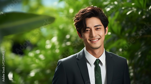 Portrait of a handsome young businessman wearing a black suit and green tie.