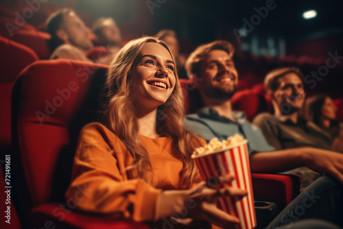 Three friends are sitting in a movie theater and watching a movie