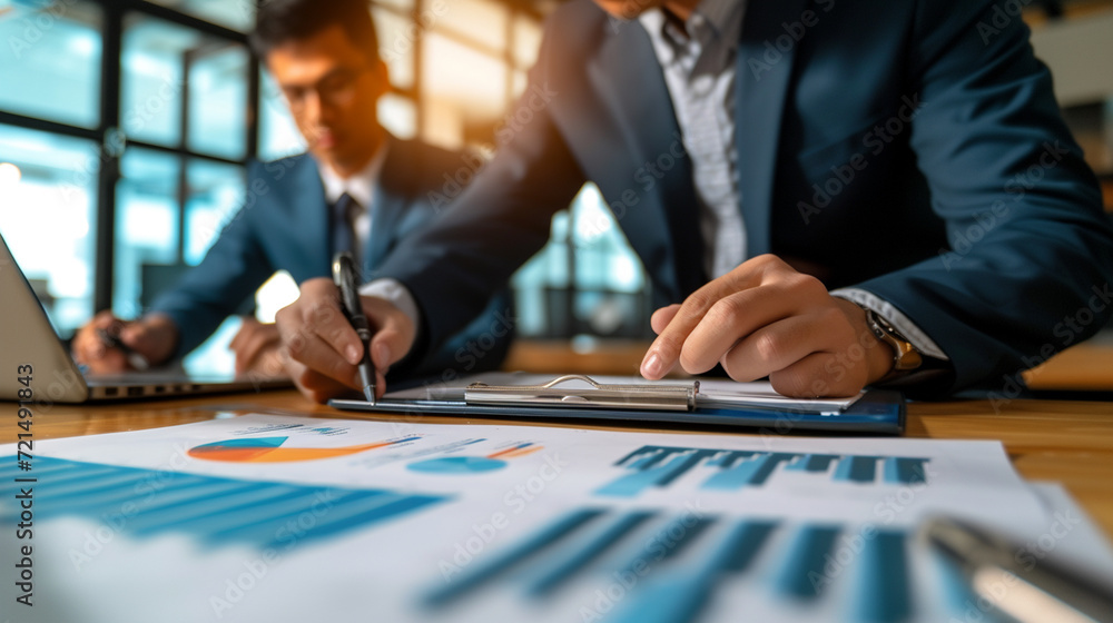 Focused Analysis of Reports Show shareholders and executives closely examining and discussing specific pages of financial reports or strategic documents. Focused Analysis of Reports Show shareholders and executives closely examining and discussing specific pages of financial reports or strategic documents.