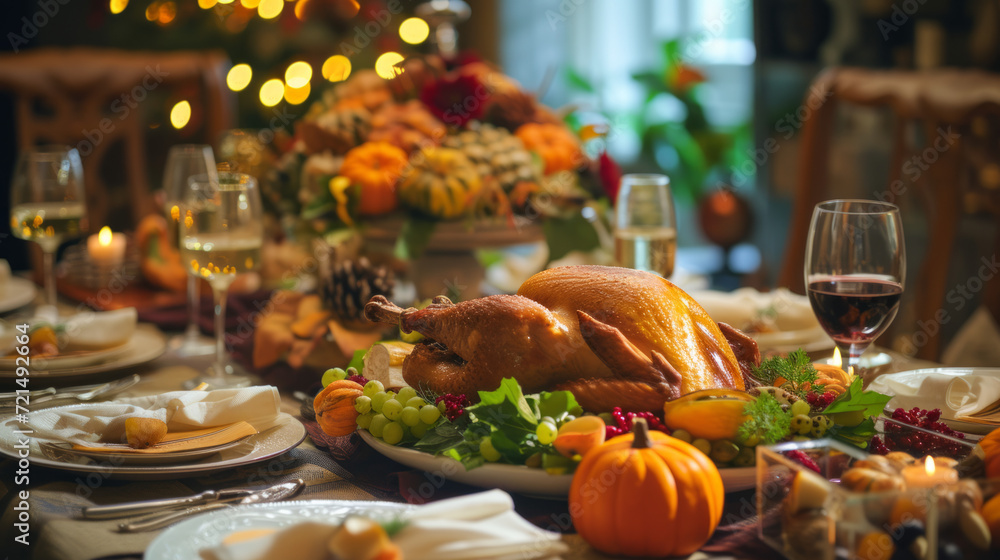 Thanksgiving dinner with decoration on dining table