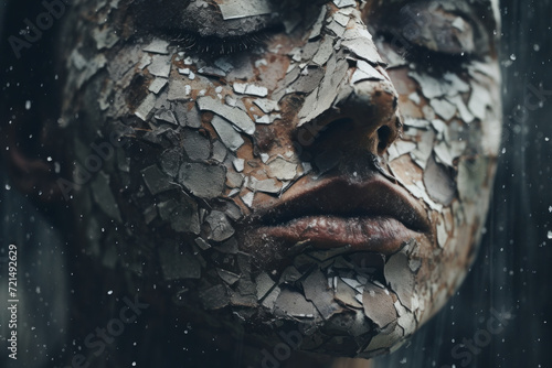 Close-up of the face of a young sad girl with cracked and dirty skin