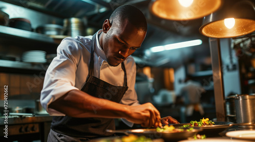 Focused male chef is meticulously garnishing a dish in a professional kitchen setting.