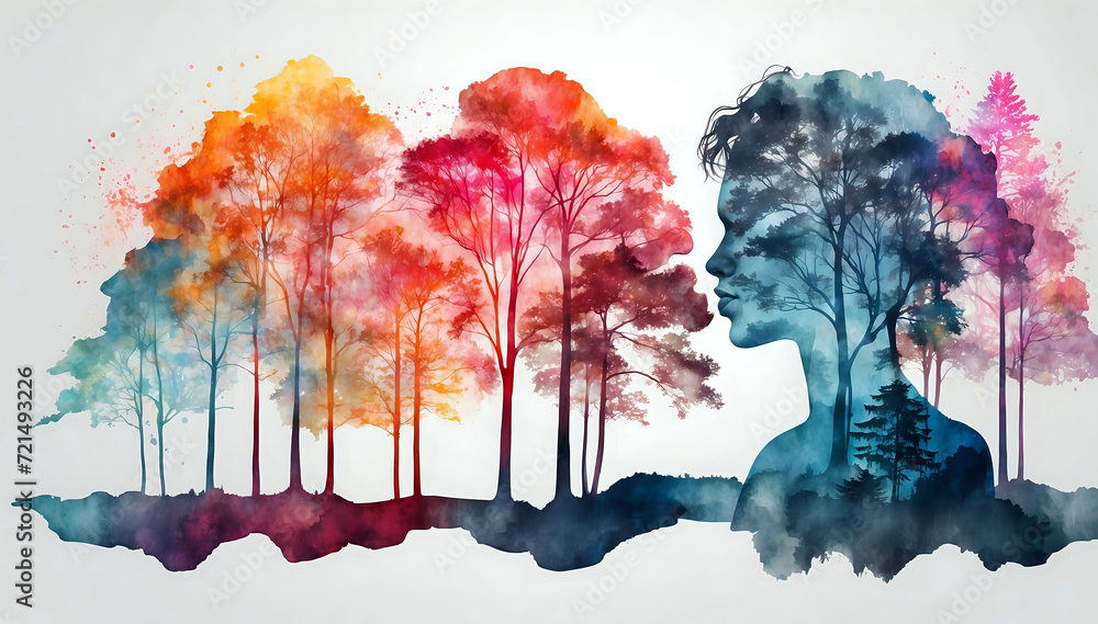 Fototapeta Woman in watercolor forest.