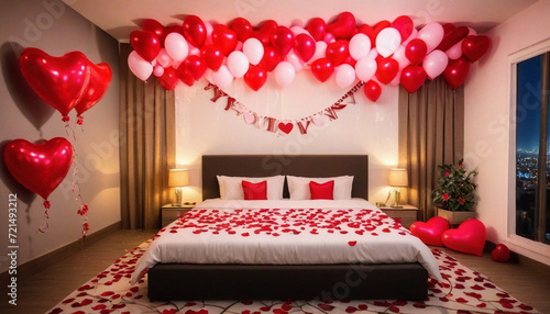 Valentine Celebration Day interior of the bedroom with a bed at night seen with balloons and flower leaves. Ai
