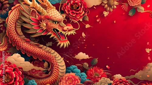 Dragon paper cut style with flower background for Chinese New Year celebration