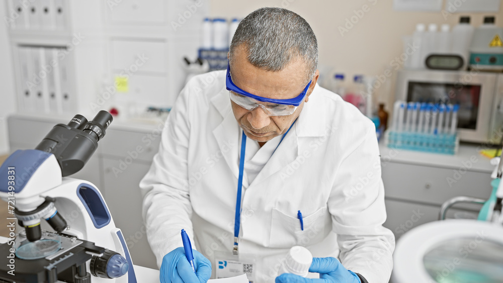 Hispanic man working focused in a laboratory using microscope and taking notes. Hispanic man working focused in a laboratory using microscope and taking notes.