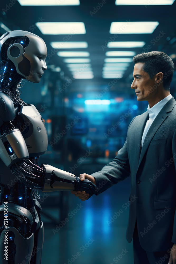 Production line floor manager shaking hands with an android robot (Generative AI) Production line floor manager shaking hands with an android robot (Generative AI)