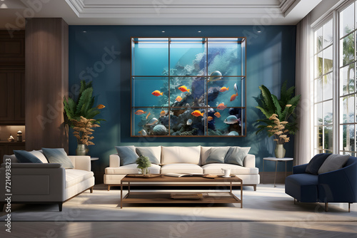  family living room with a wall mounted aquarium photo