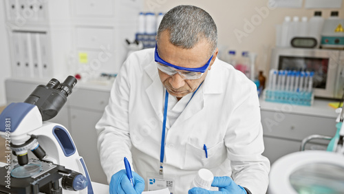 Hispanic man working focused in a laboratory using microscope and taking notes.