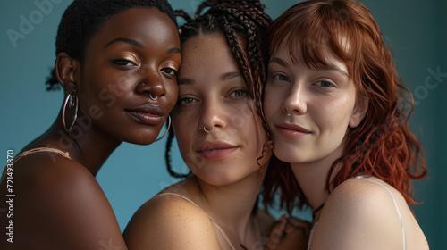 Three young women with diverse skin tones are posing closely together, smiling