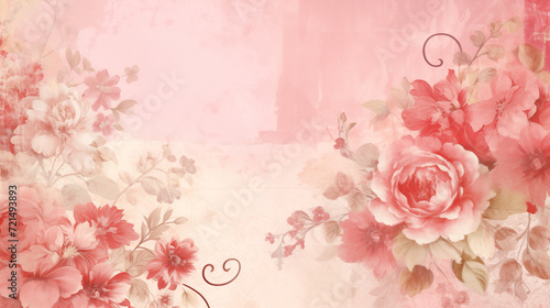 Muted pink vintage retro scrapbooking paper background with retro flower bouquets 