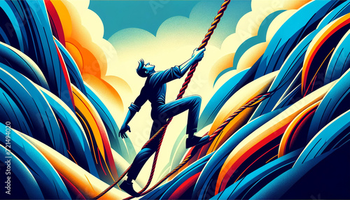 A stylized figure ascends dynamically, climbing a rope against a backdrop of abstract, flowing shapes in bold blue and orange tones.AI generated. photo