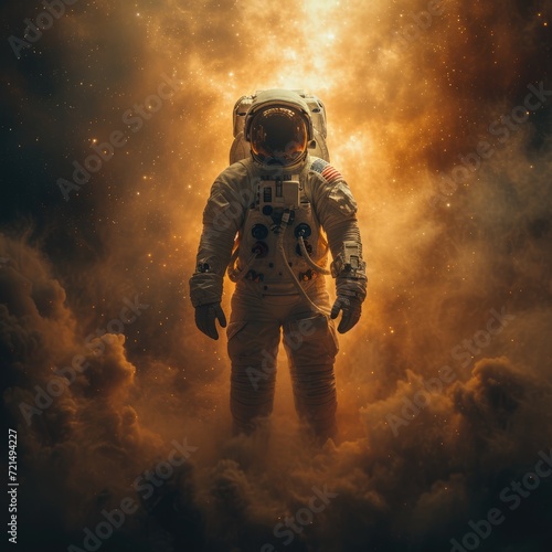 An astronaut in an orange USSR spacesuit stands in the center of the frame amid a the moon