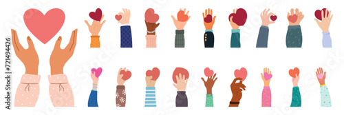 Heart holding by diverse hands set. Vector illustration concept for sharing love, helping others, charity supported by global community