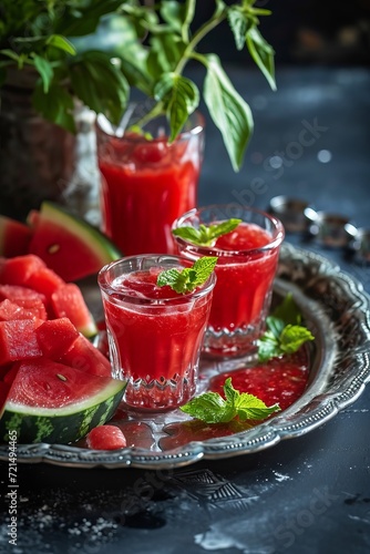 Wallpaper Mural Photo of watermelon sorbet on a silver tray with a refreshing watermelon drink in glass shot glasses, the bright red color of the jam adds color to the chilled drink, food photo Torontodigital.ca