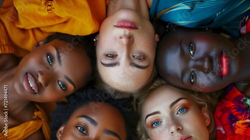 Diverse females lying head to head. Friendship, Diversity, Woman Empowerment