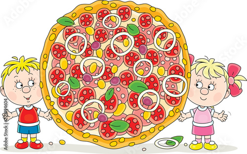 Happy little boy and girl holding a giant freshly backed and tasty pizza with tomatoes, sausage, cheese and olives, vector cartoon illustration isolated on a white background