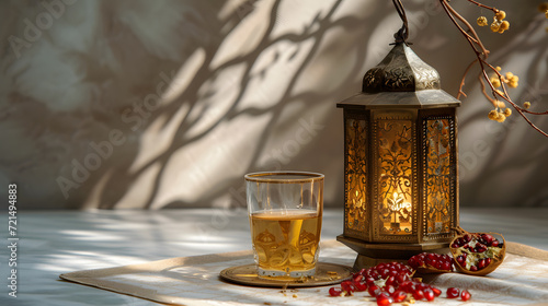 Ramadan Kareem greeting card with arabic lanterns, pomegranate seeds and glass of tea on table