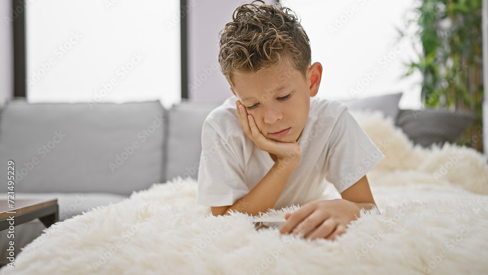 Fototapeta premium Blond boy using smartphone lying on sofa at home