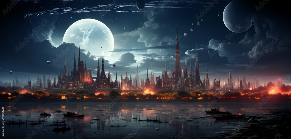 Obraz premium A luminous, futuristic cityscape emerging from the darkness
