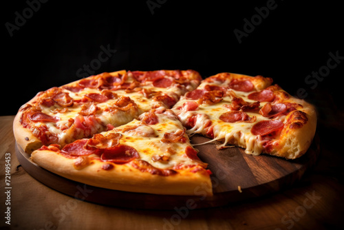 Close-up of an appetizing pizza on a wooden stand